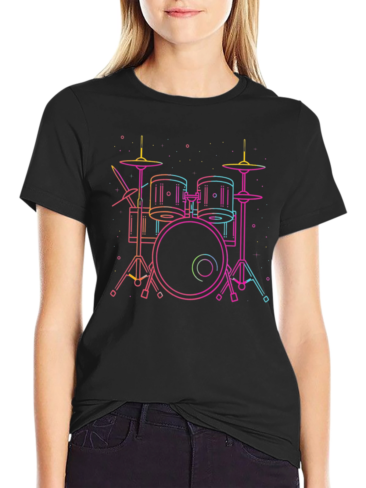 Neon Drum Set Black Tee - Music Lovers Must-Have!