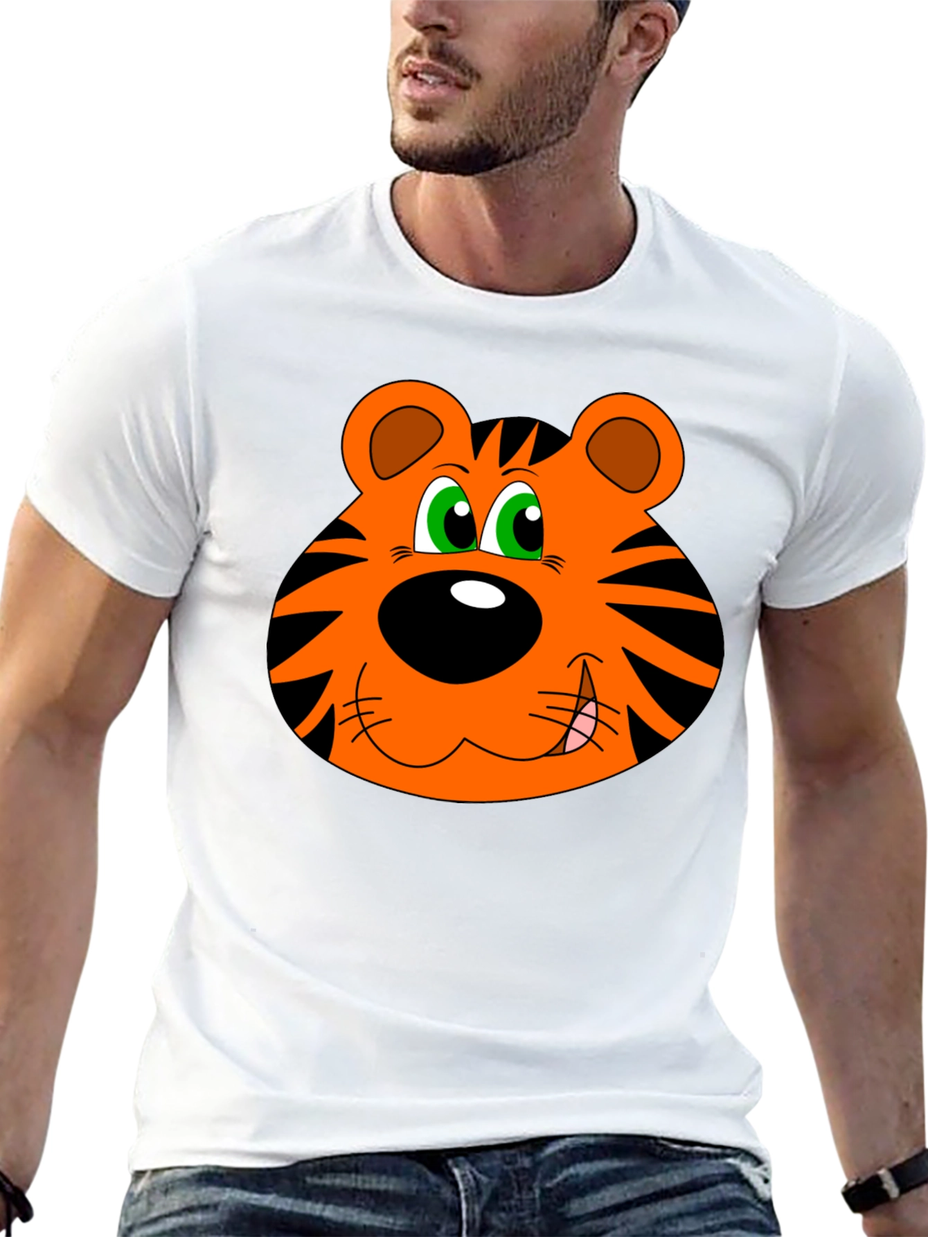 Cartoon Tiger Face Graphic T-Shirt - Black Cotton Tee