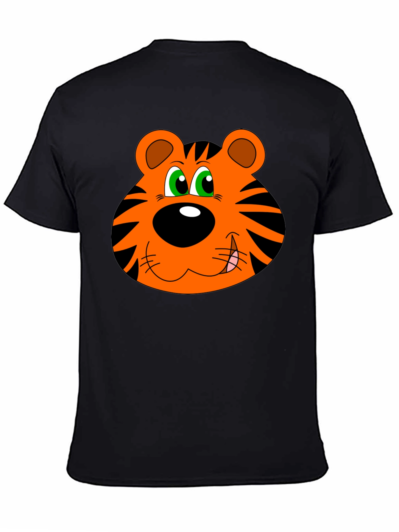 Cartoon Tiger Face Graphic T-Shirt - Black Cotton Tee