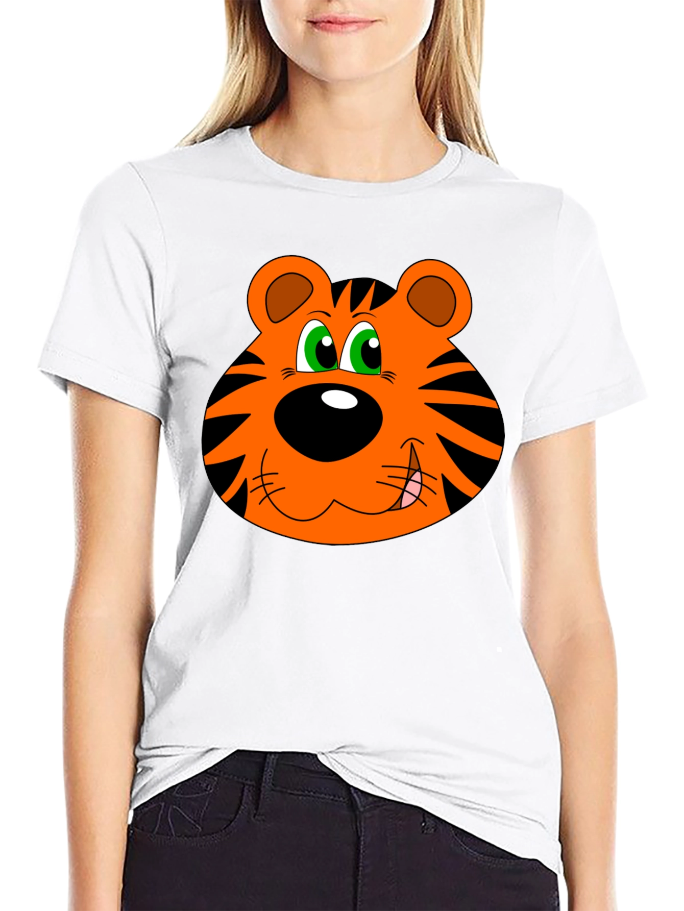 Cartoon Tiger Face Graphic T-Shirt - Black Cotton Tee