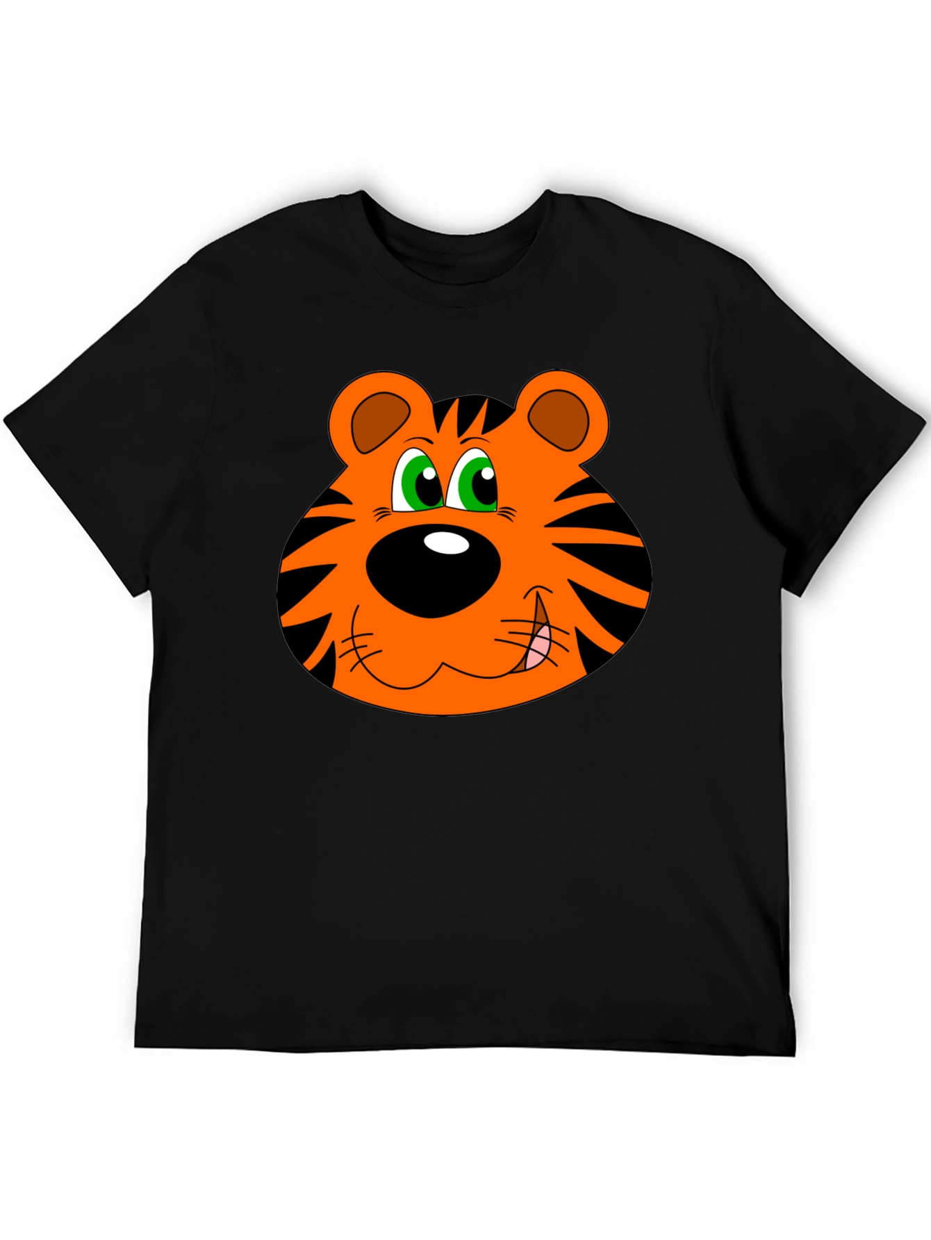 Cartoon Tiger Face Graphic T-Shirt - Black Cotton Tee