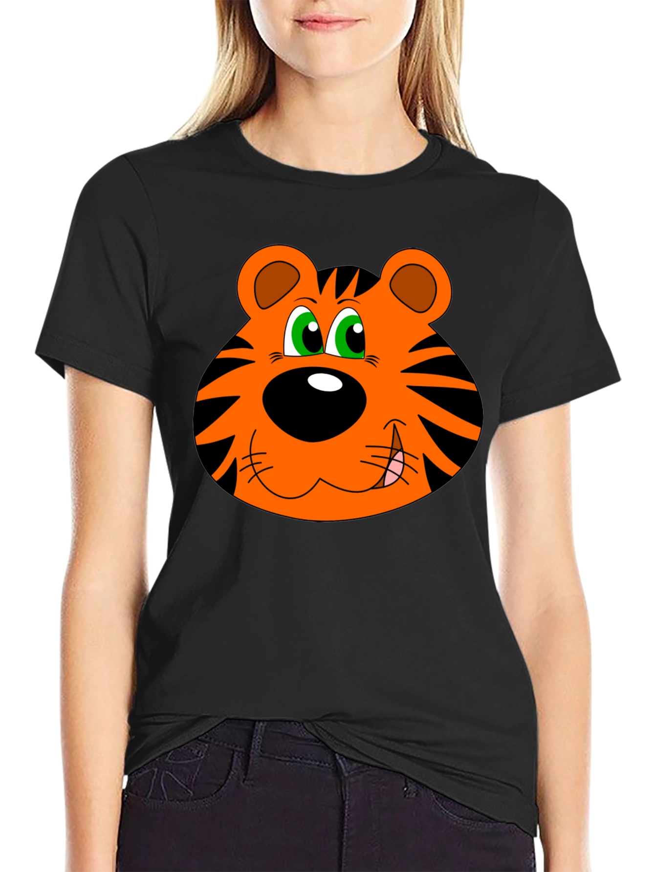 Cartoon Tiger Face Graphic T-Shirt - Black Cotton Tee