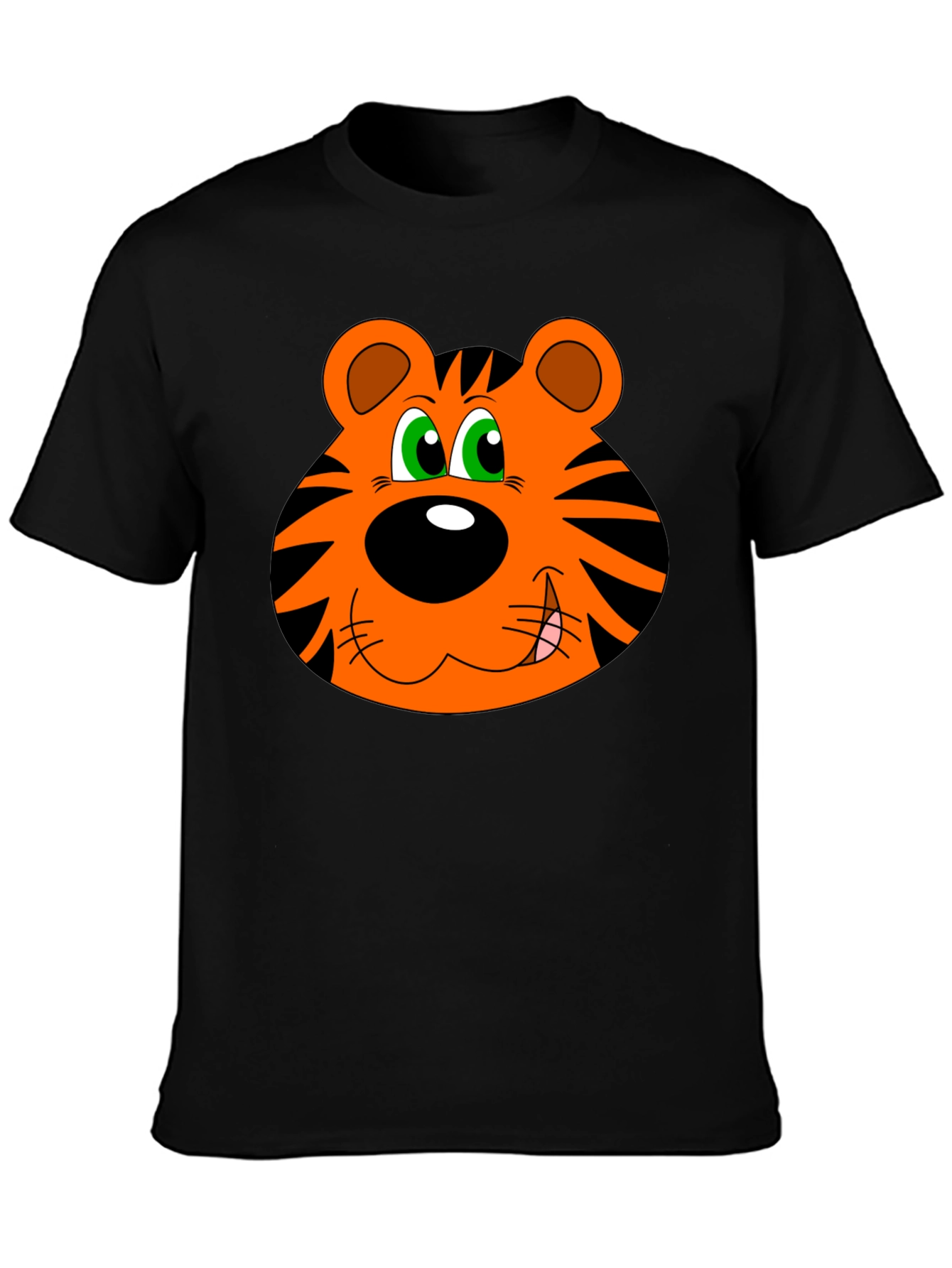 Cartoon Tiger Face Graphic T-Shirt - Black Cotton Tee