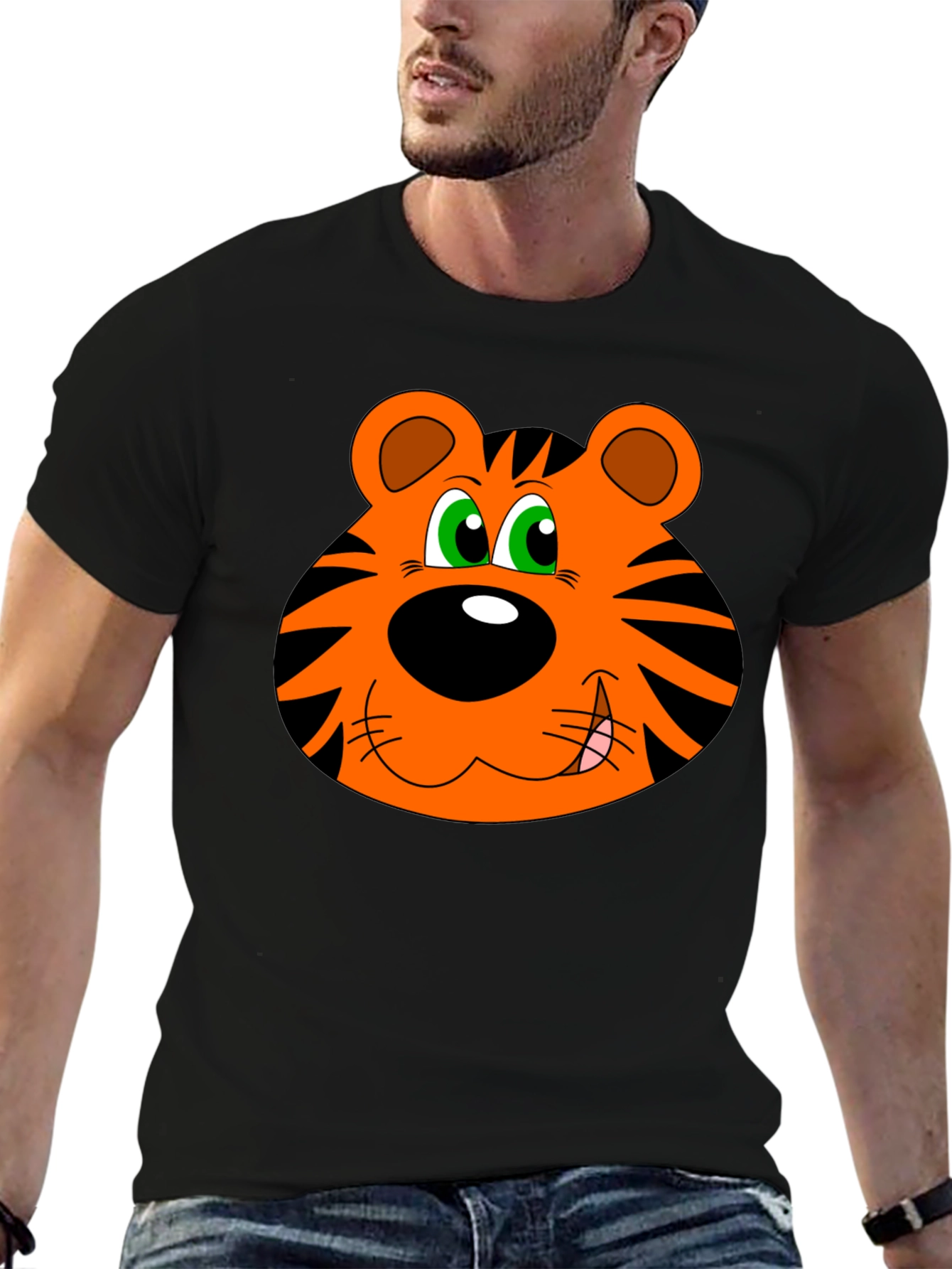 Cartoon Tiger Face Graphic T-Shirt - Black Cotton Tee