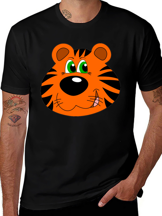 Cartoon Tiger Face Graphic T-Shirt - Black Cotton Tee