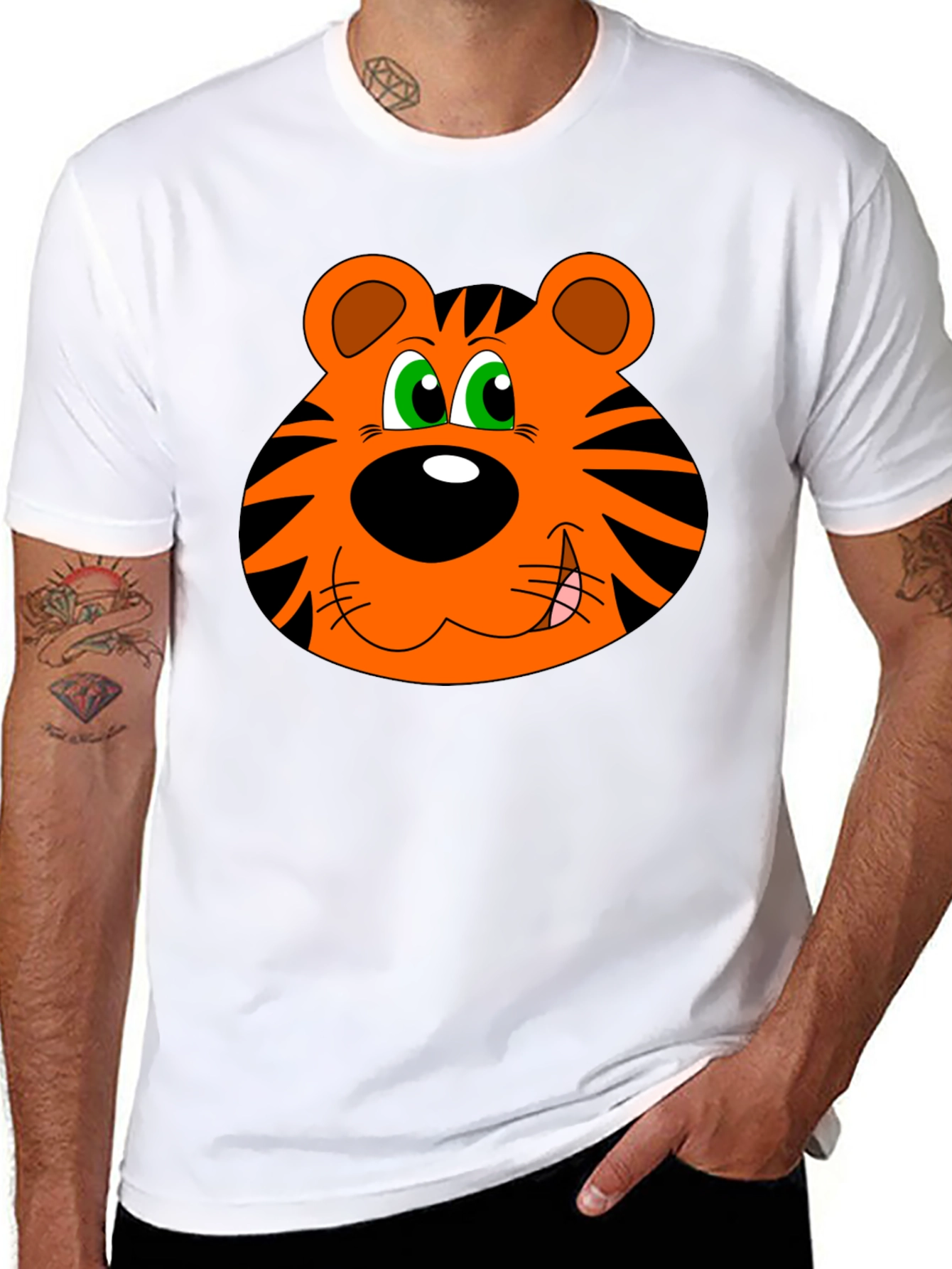 Cartoon Tiger Face Graphic T-Shirt - Black Cotton Tee