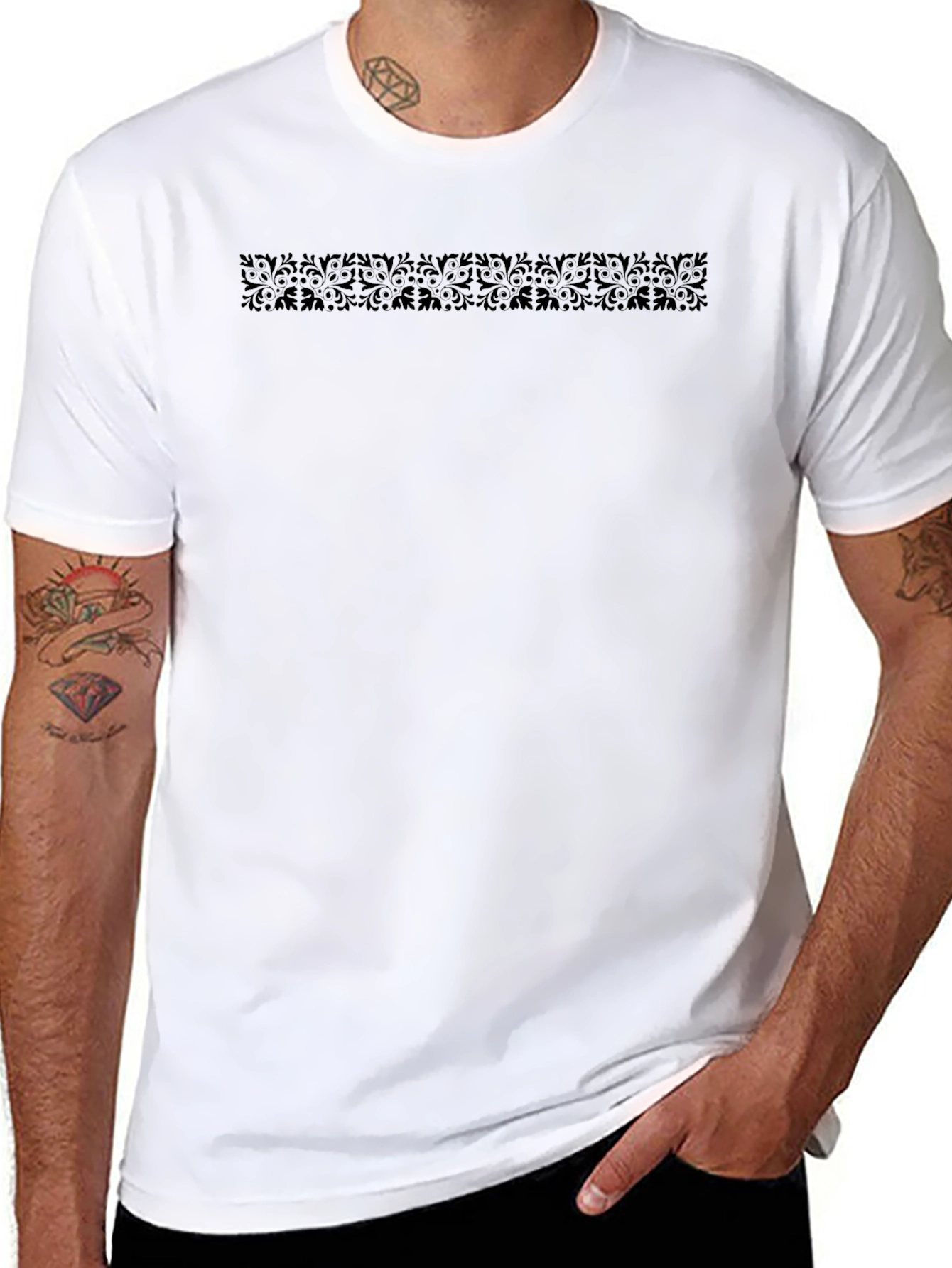 Elegant Black Patterned Crew Neck T-Shirt