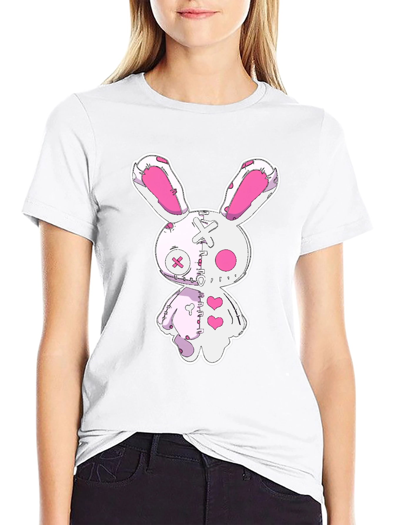 Creepy Cute Bunny Graphic Tee - Black Cotton