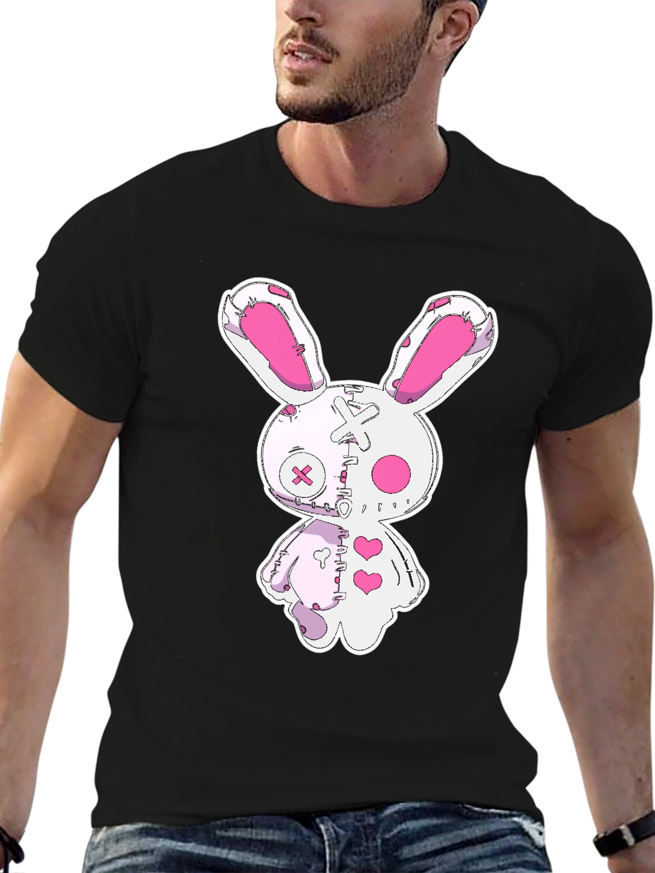 Creepy Cute Bunny Graphic Tee - Black Cotton