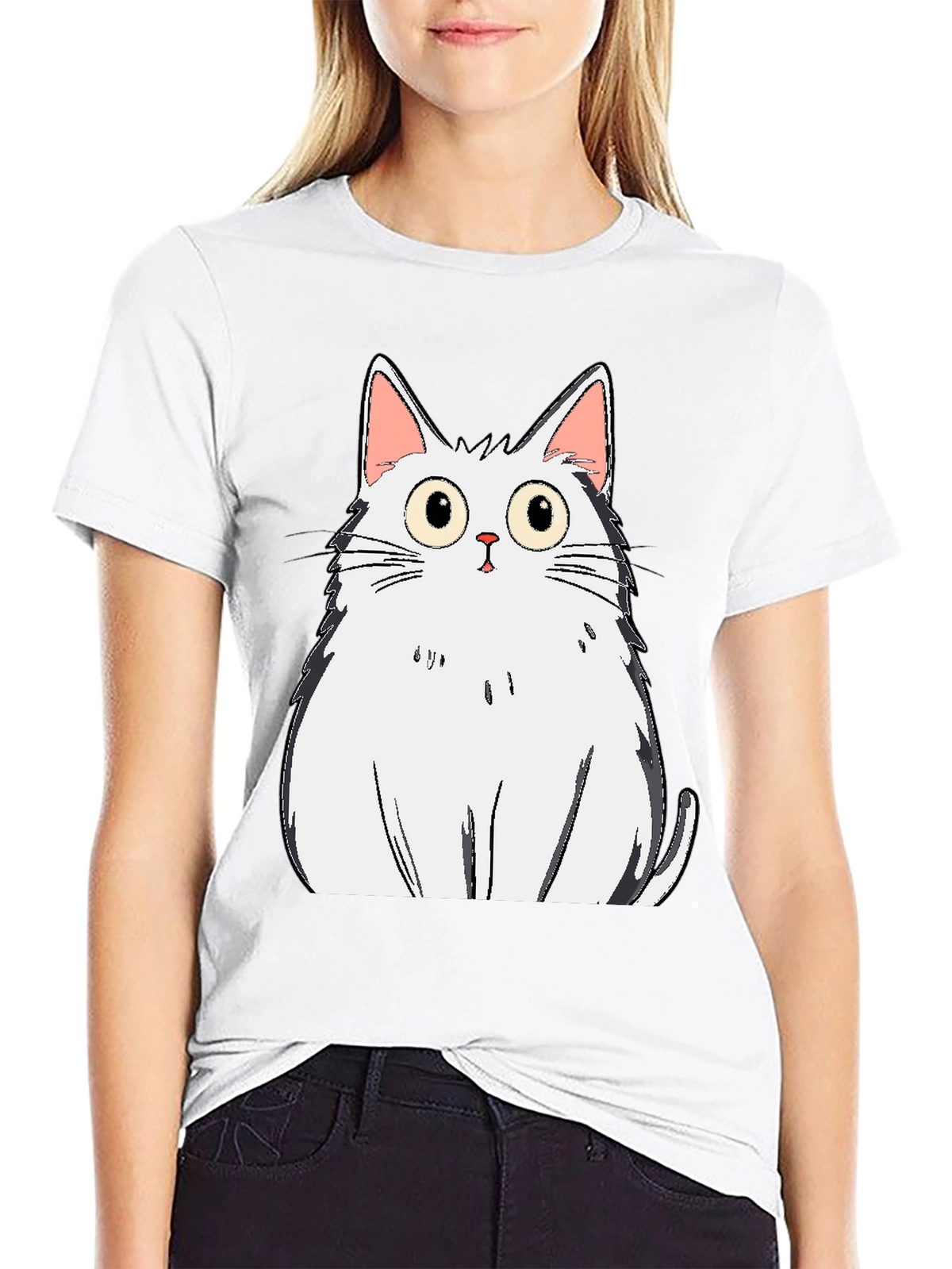 Cartoon Cat Graphic Tee - Black