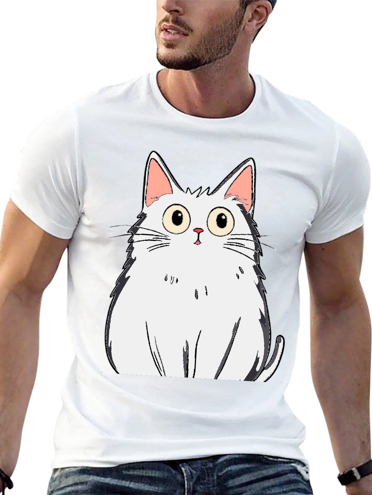 Cartoon Cat Graphic Tee - Black