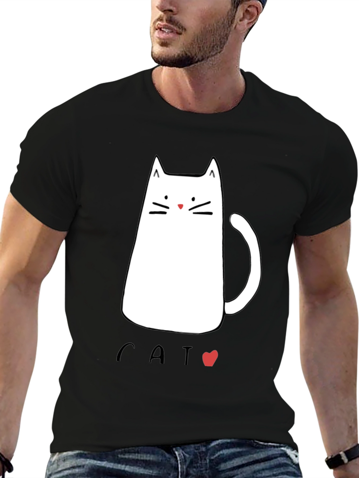 Mens Black T-Shirt with Cat Graphic
