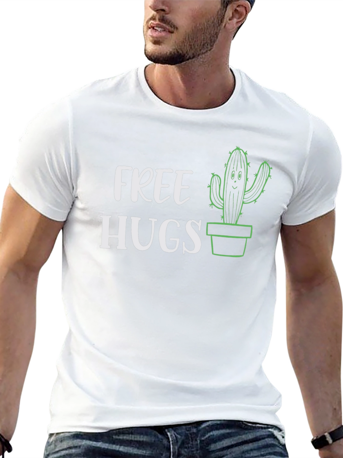 Free Hugs Cactus Graphic Tee - Black Cotton T-Shirt