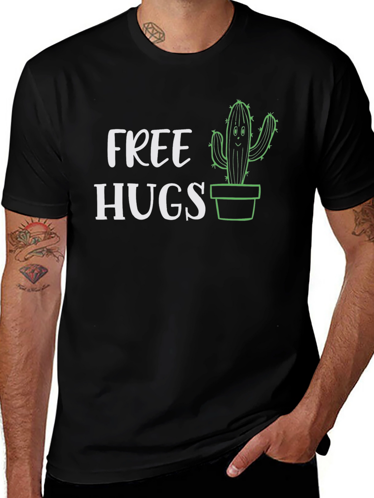 Free Hugs Cactus Graphic Tee - Black Cotton T-Shirt
