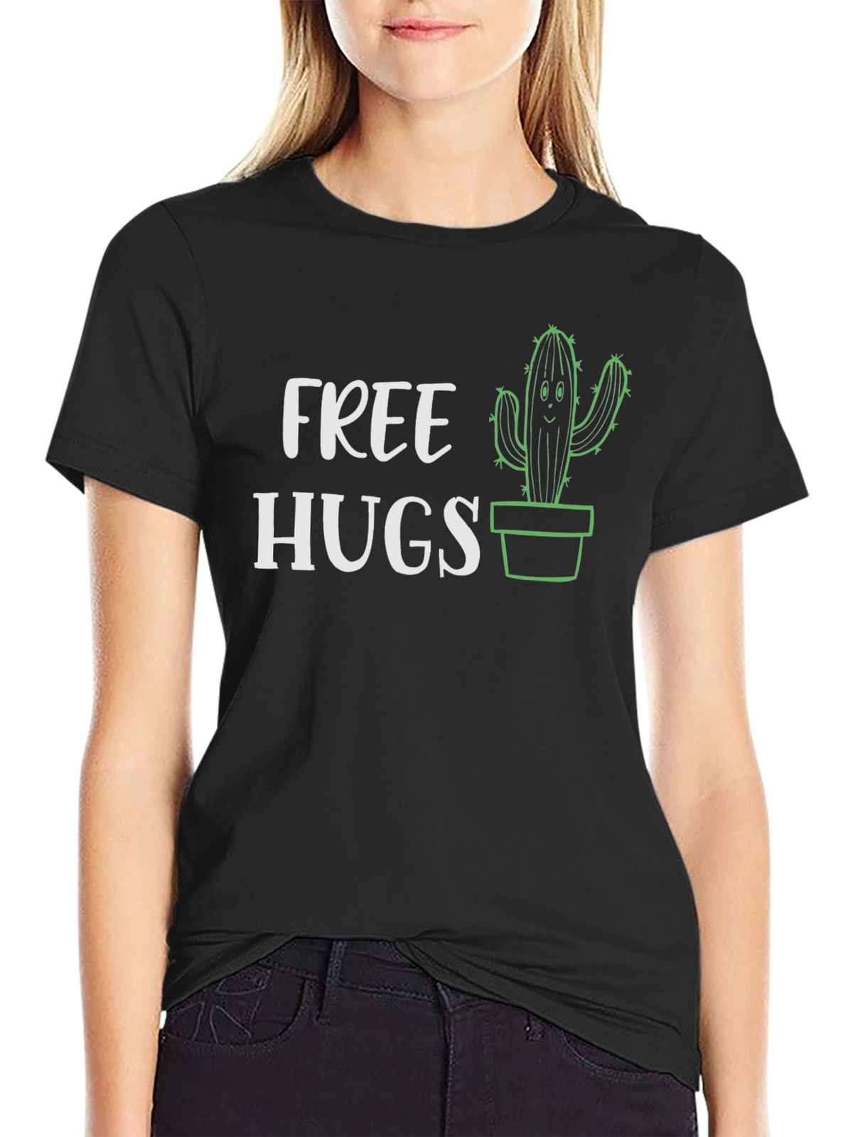 Free Hugs Cactus Graphic Tee - Black Cotton T-Shirt