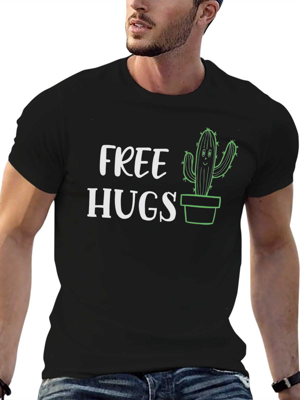 Free Hugs Cactus Graphic Tee - Black Cotton T-Shirt