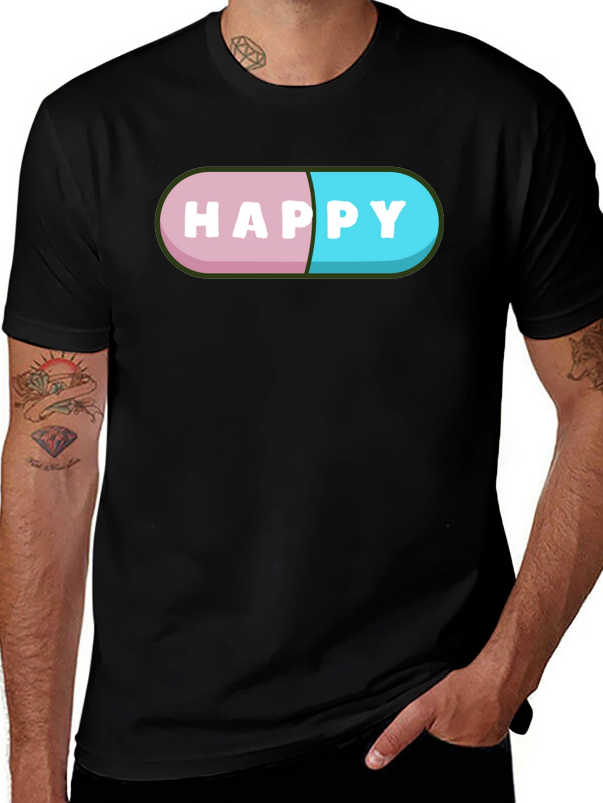 Happy Pill Graphic T-Shirt - Black Casual Tee