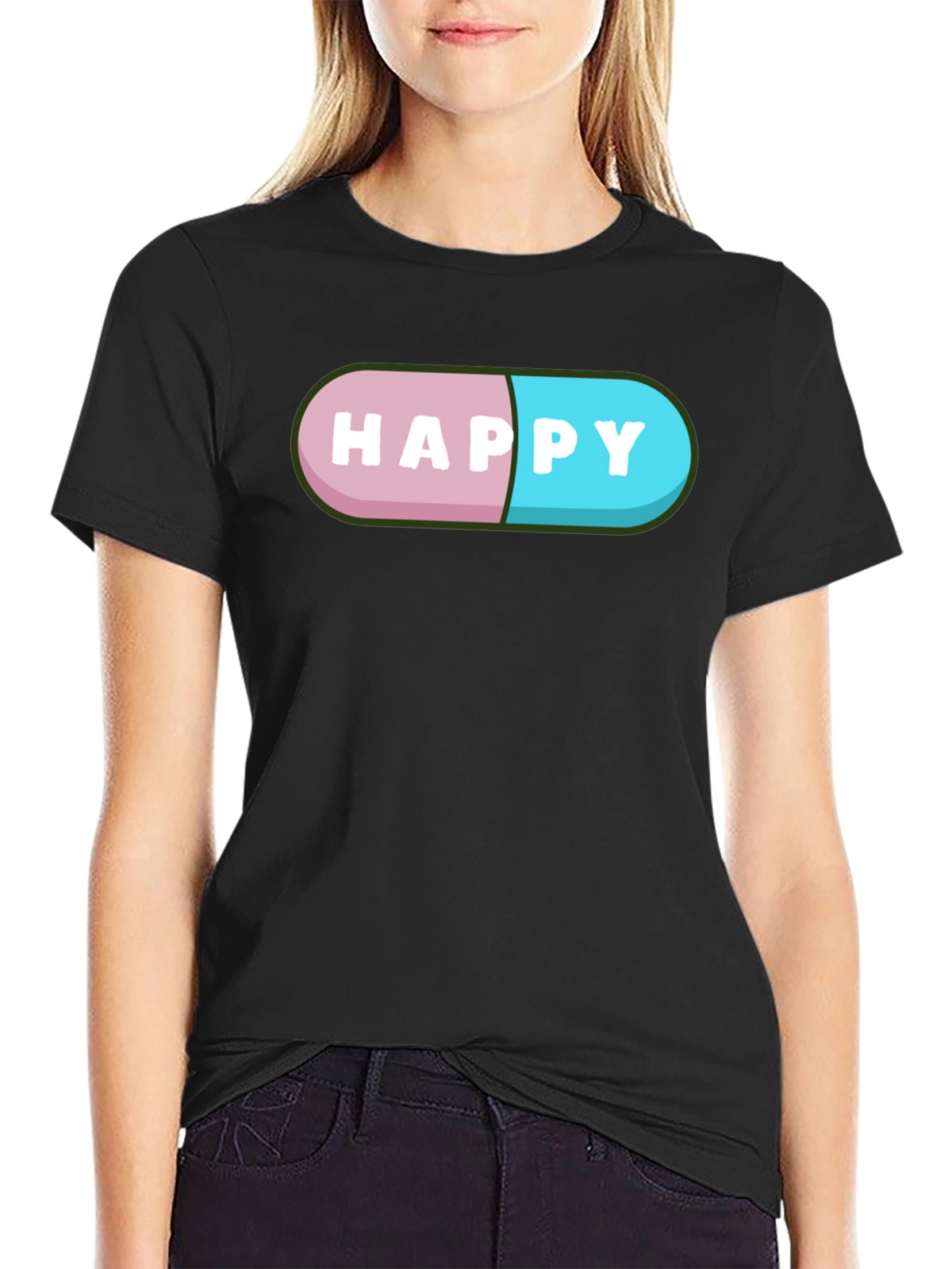Happy Pill Graphic T-Shirt - Black Casual Tee