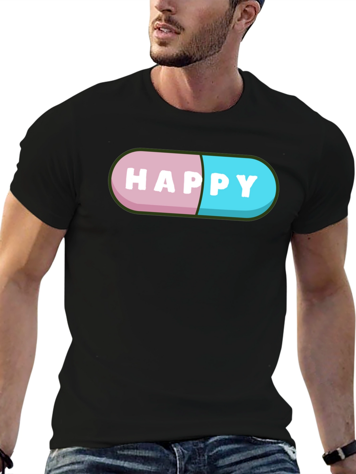 Happy Pill Graphic T-Shirt - Black Casual Tee