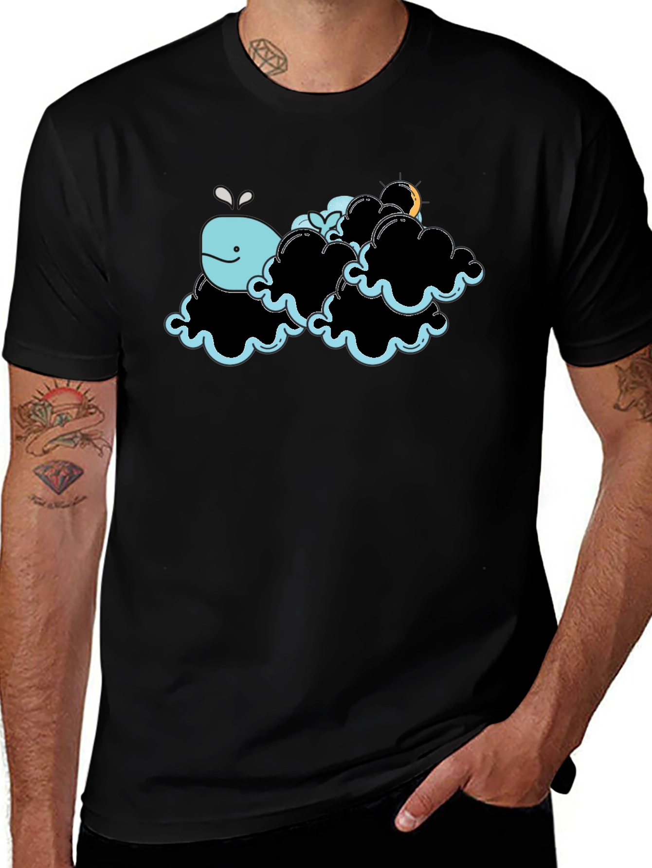 Whale in Clouds Graphic Tee - Black Cotton T-Shirt