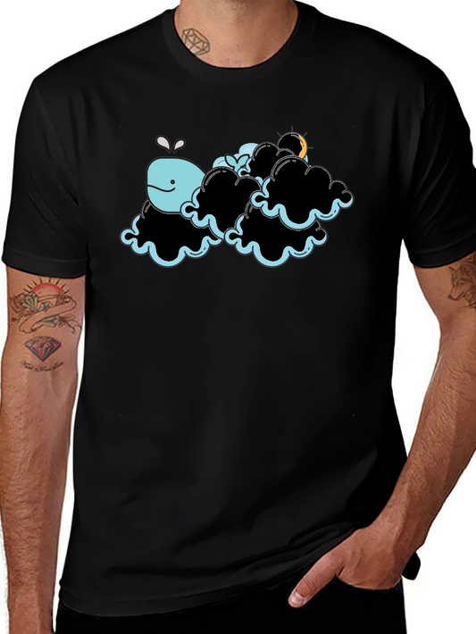 Whale in Clouds Graphic Tee - Black Cotton T-Shirt