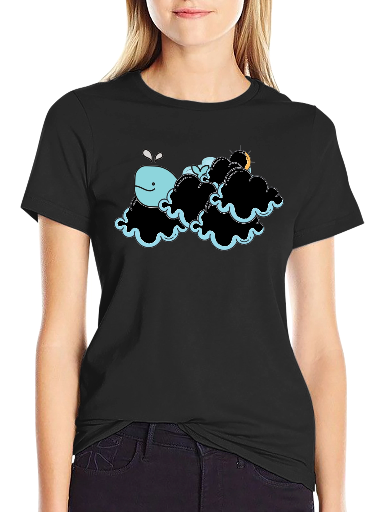 Whale in Clouds Graphic Tee - Black Cotton T-Shirt