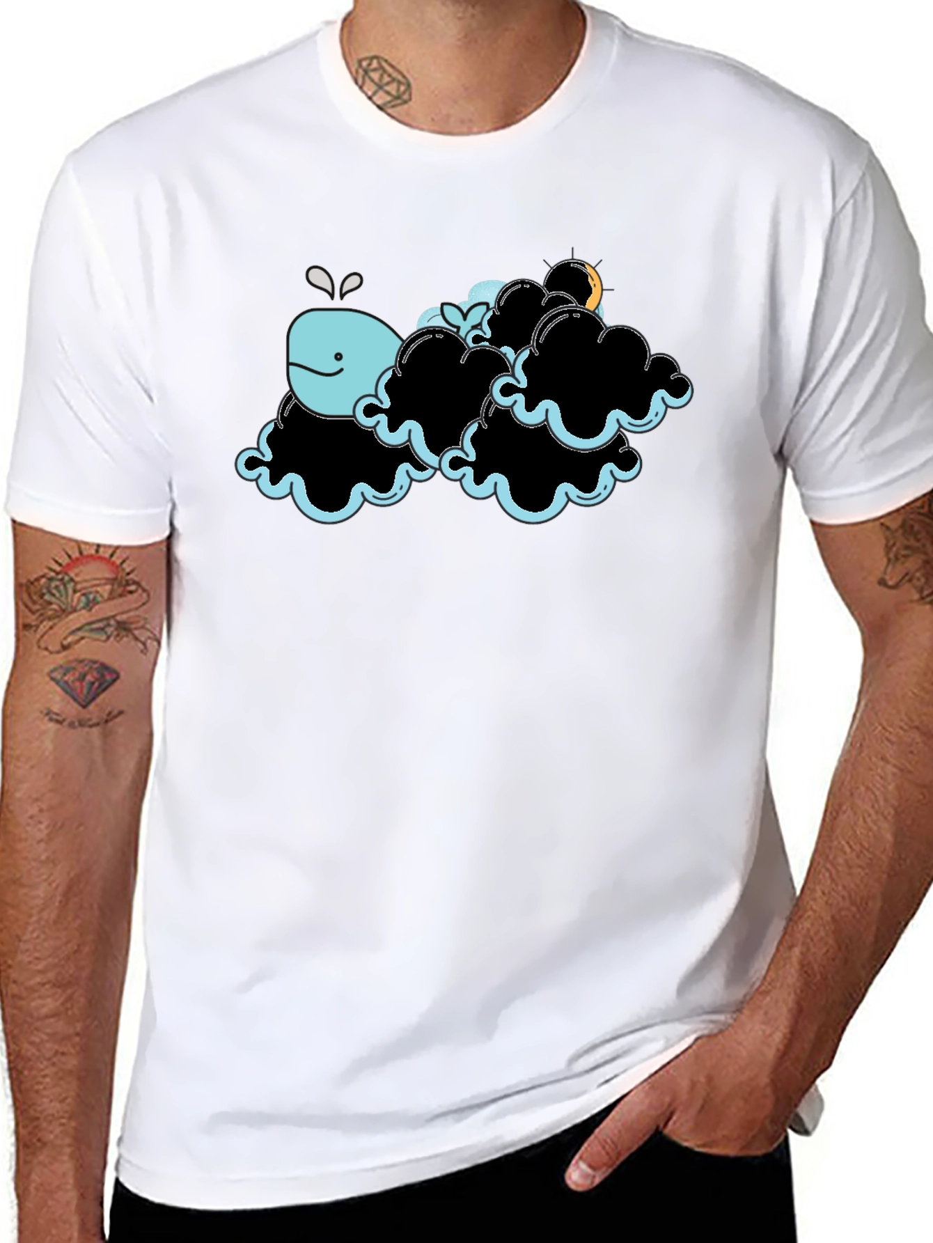Whale in Clouds Graphic Tee - Black Cotton T-Shirt