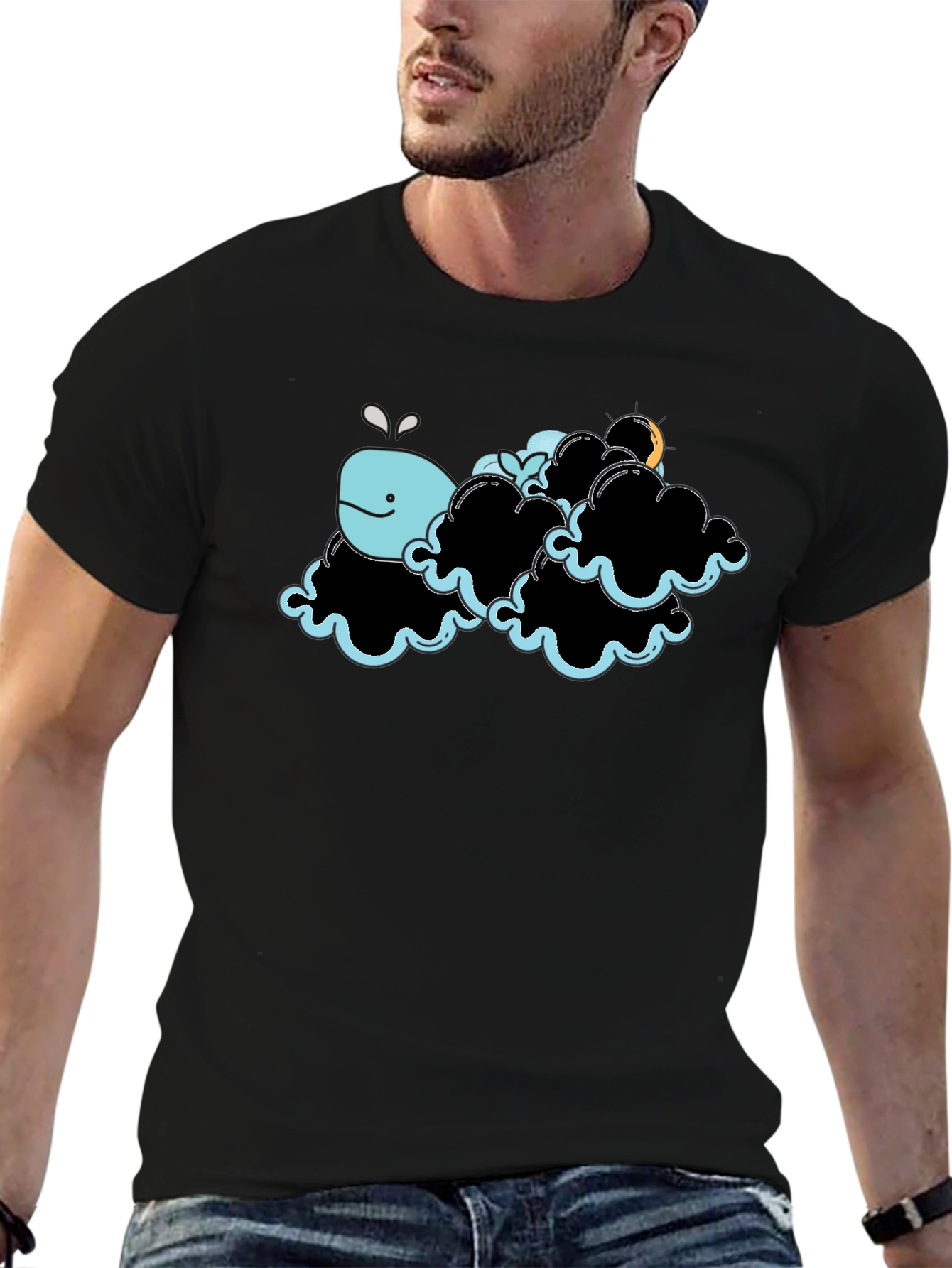 Whale in Clouds Graphic Tee - Black Cotton T-Shirt