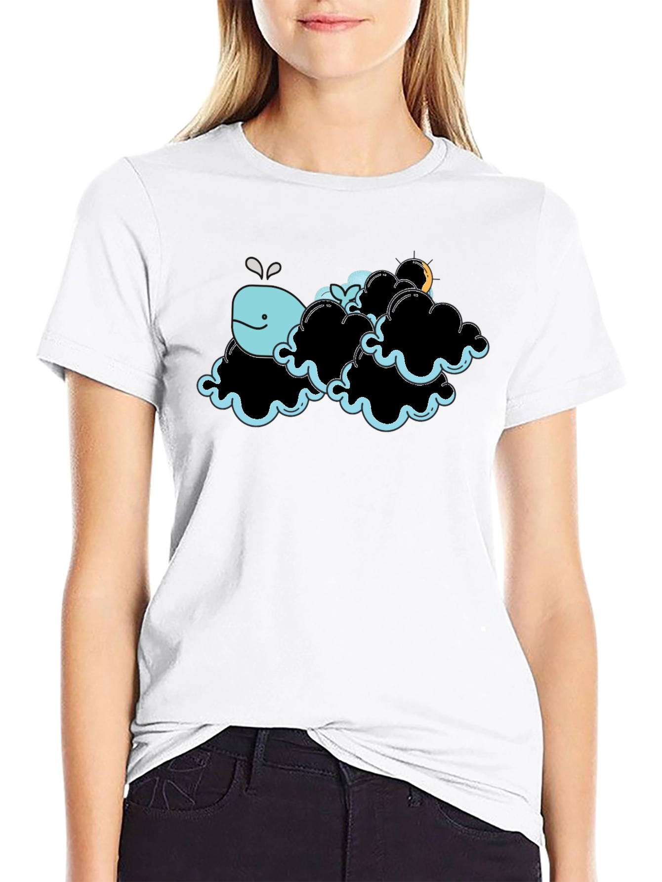 Whale in Clouds Graphic Tee - Black Cotton T-Shirt