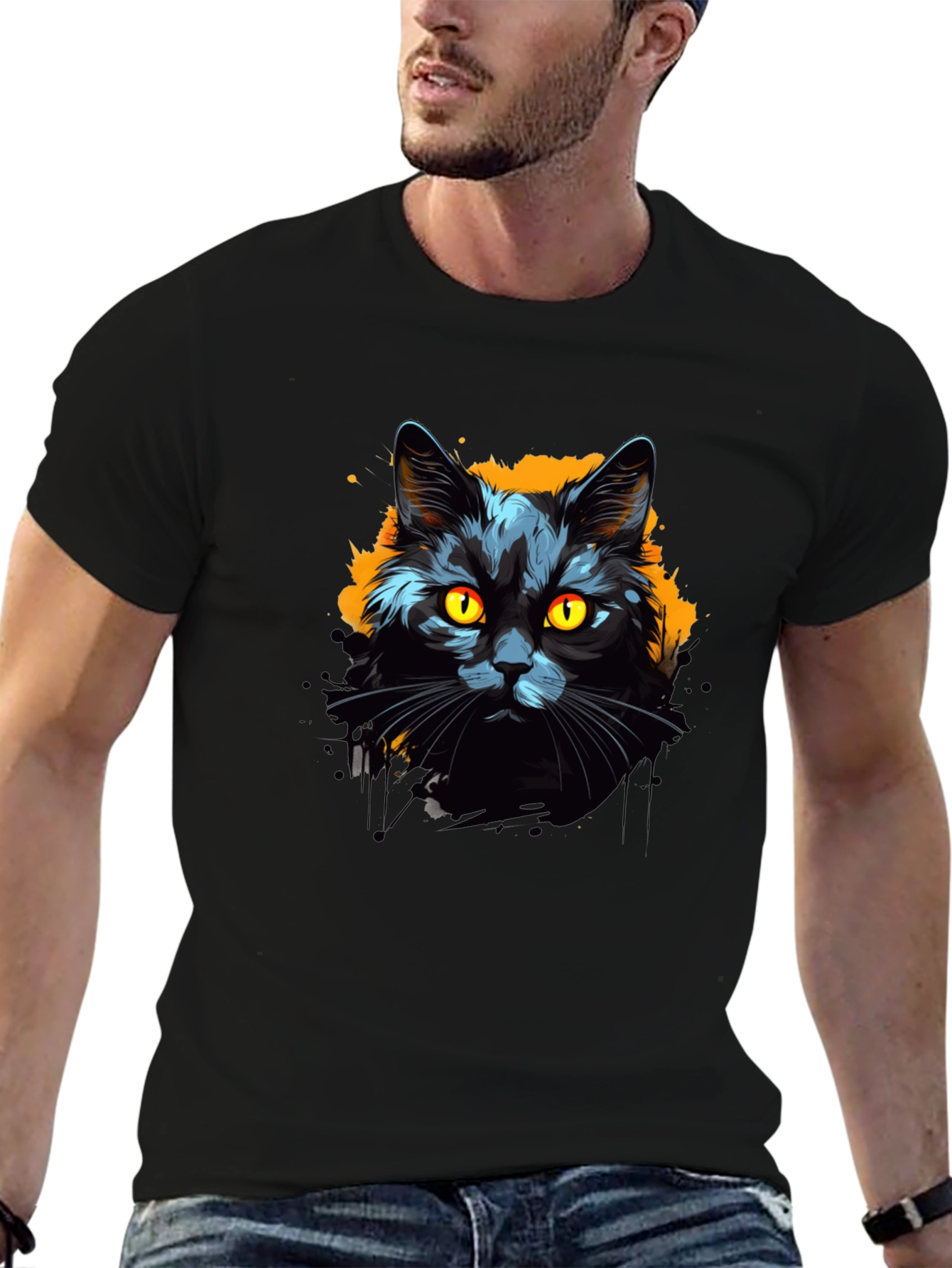 Black Cat Graphic Tee - Mens Cotton T-Shirt