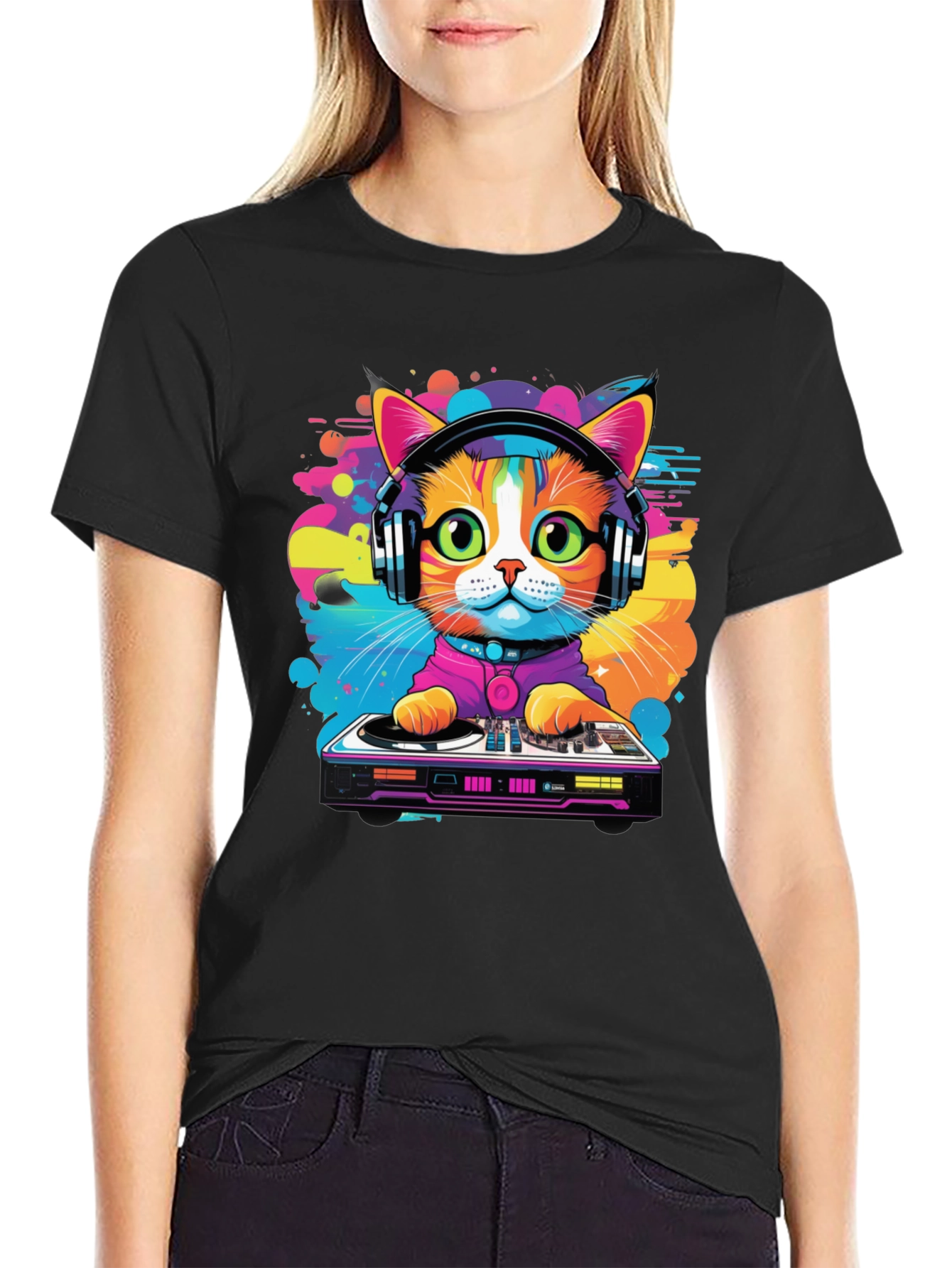 DJ Cat Graphic Tee - Vibrant Music Lover T-Shirt