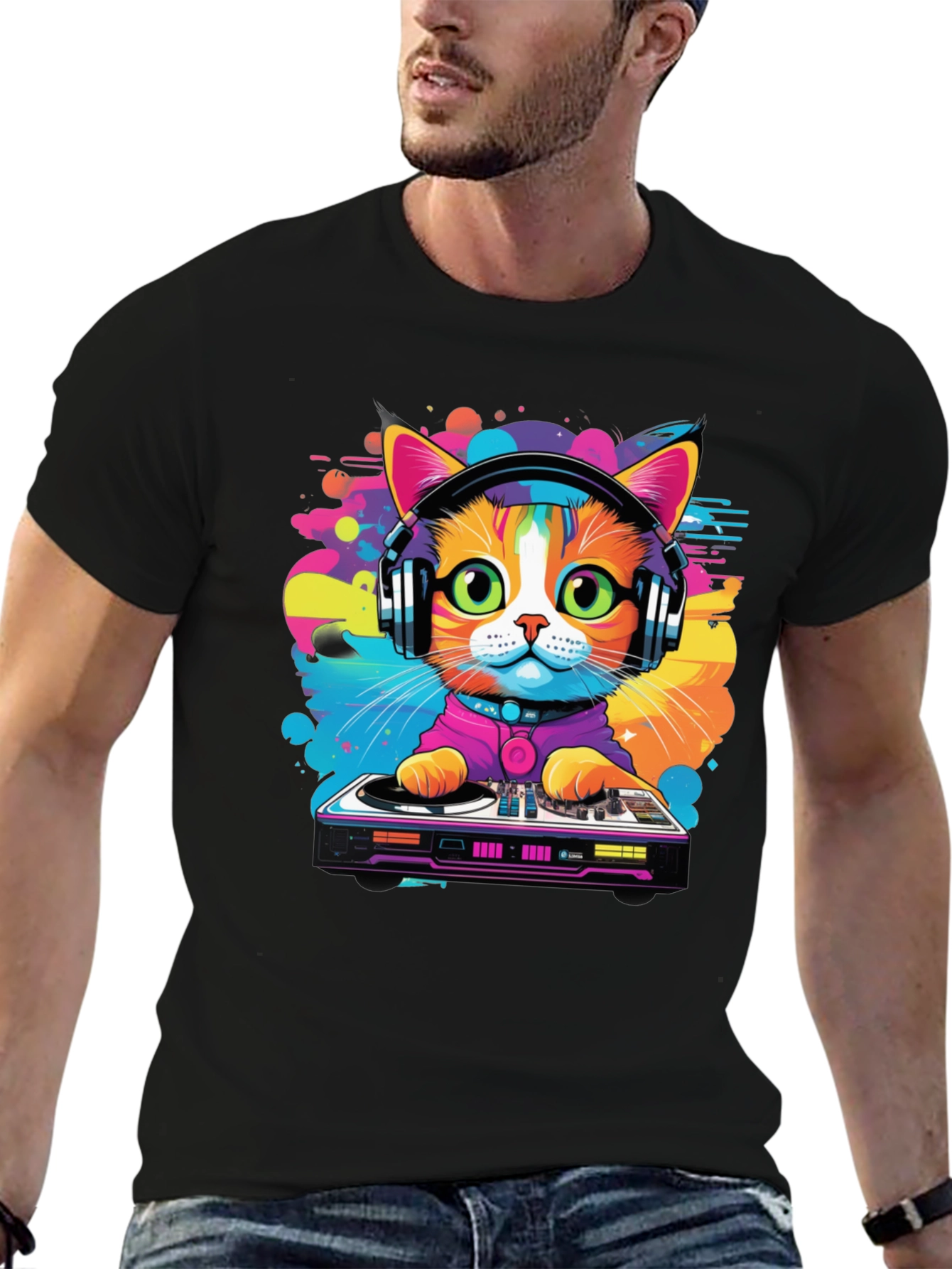 DJ Cat Graphic Tee - Vibrant Music Lover T-Shirt
