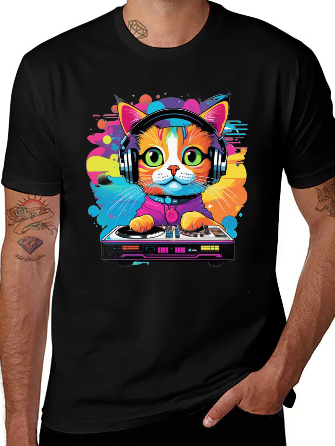 DJ Cat Graphic Tee - Vibrant Music Lover T-Shirt
