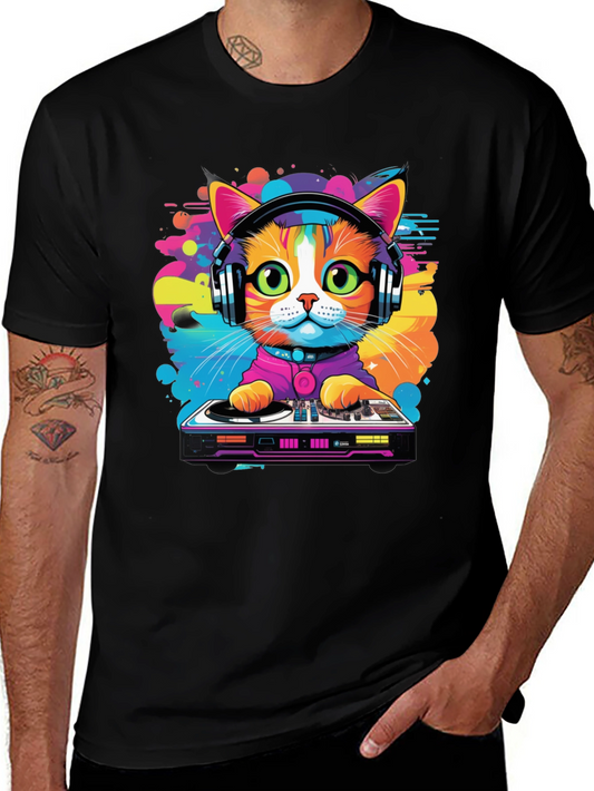DJ Cat Graphic Tee - Vibrant Music Lover T-Shirt