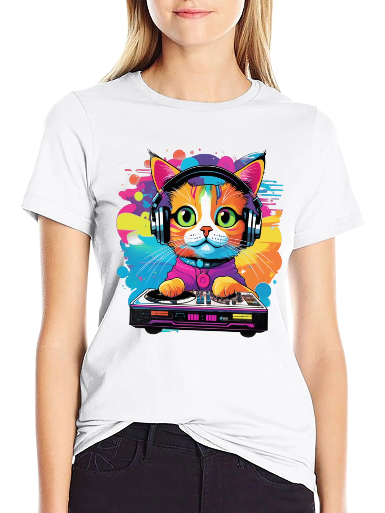 DJ Cat Graphic Tee - Vibrant Music Lover T-Shirt