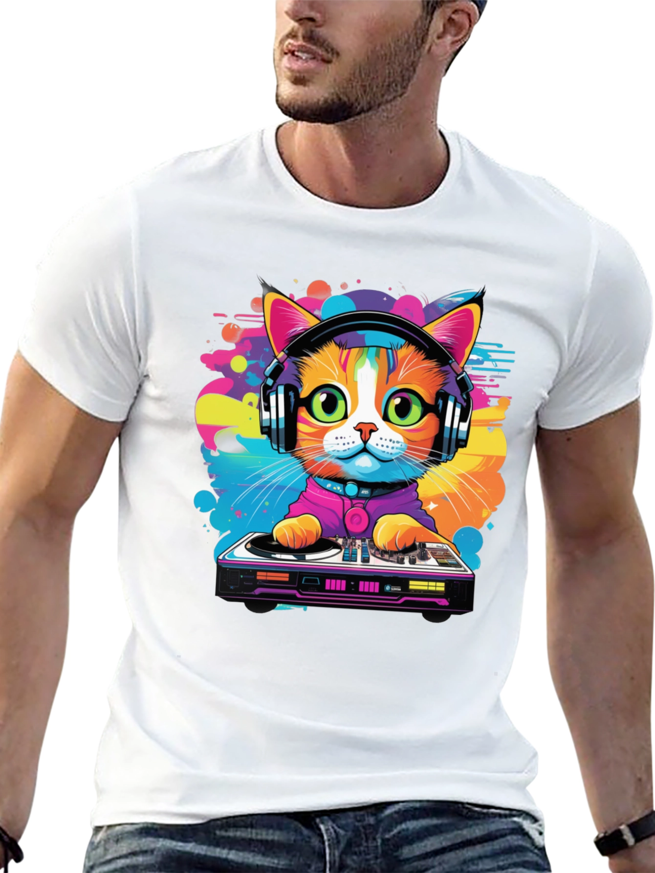 DJ Cat Graphic Tee - Vibrant Music Lover T-Shirt