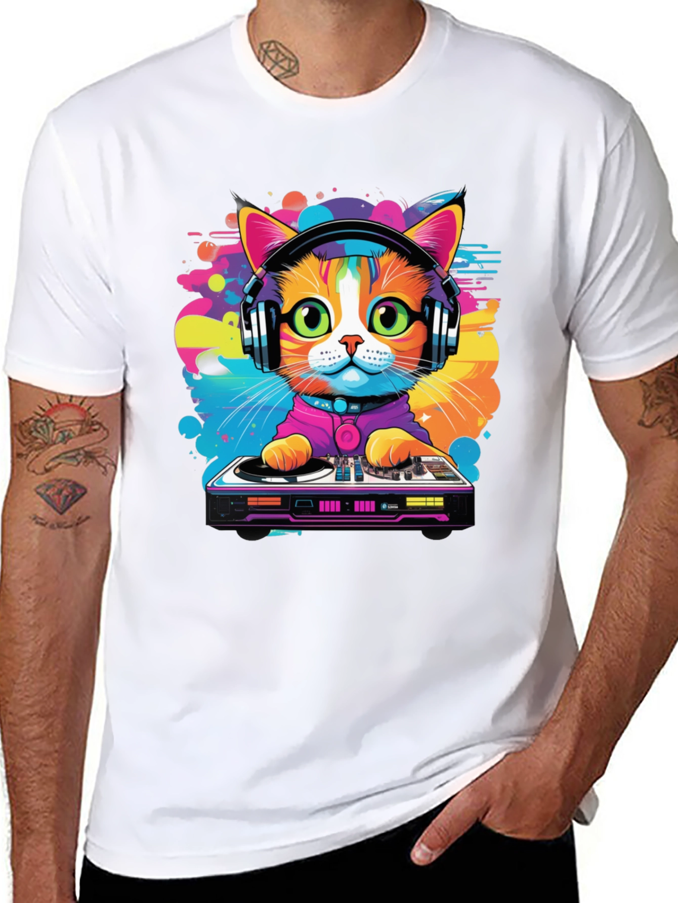 DJ Cat Graphic Tee - Vibrant Music Lover T-Shirt