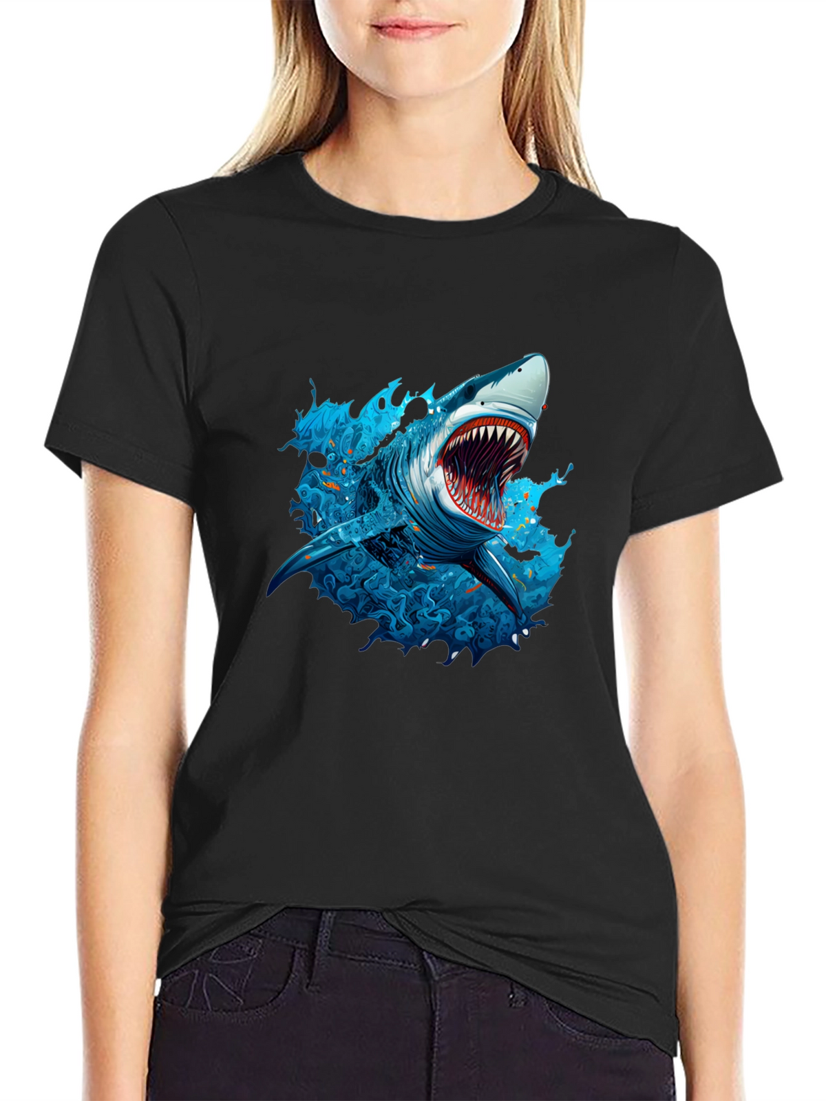 Shark Graphic Print Black T-Shirt