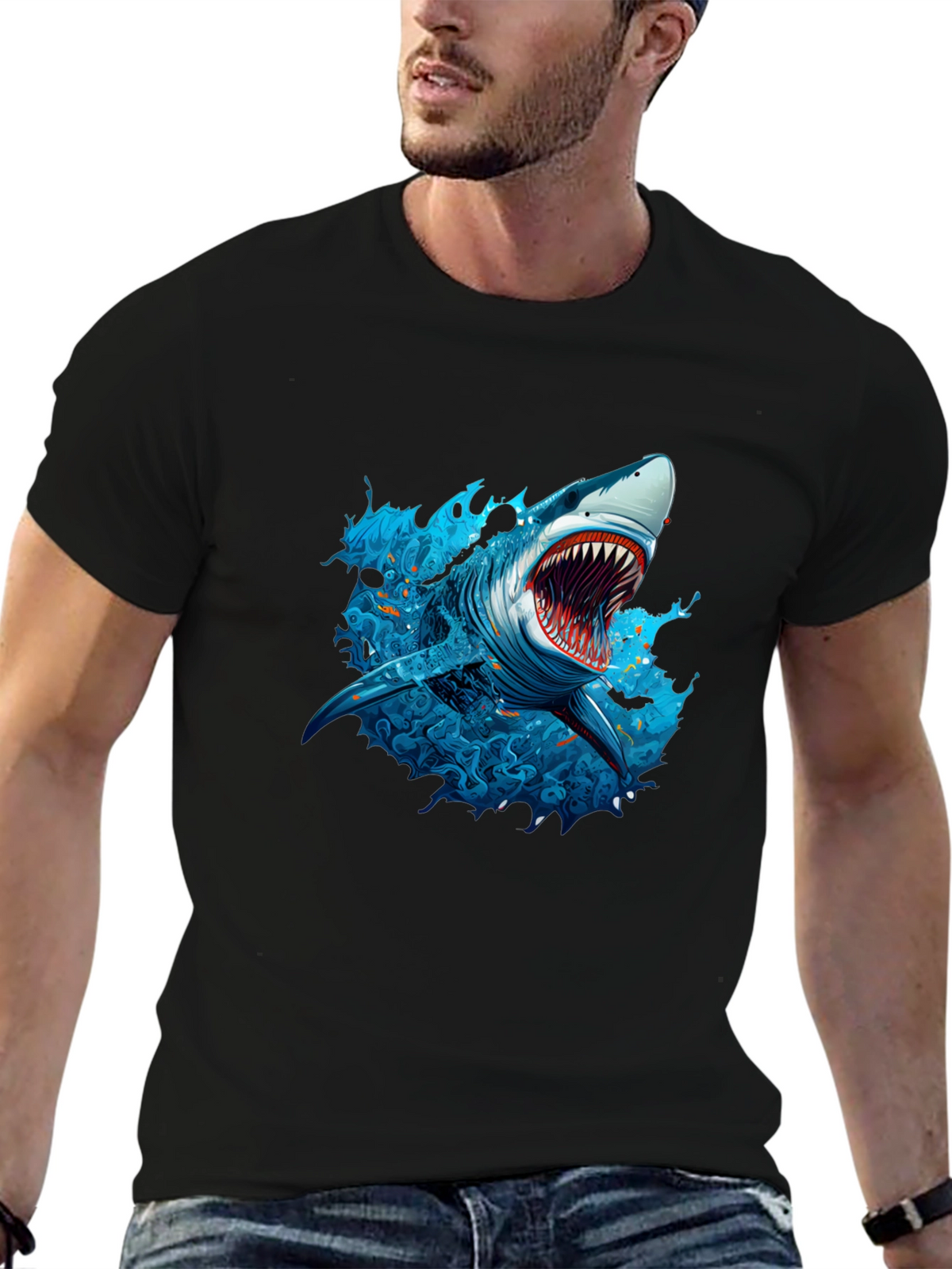 Shark Graphic Print Black T-Shirt