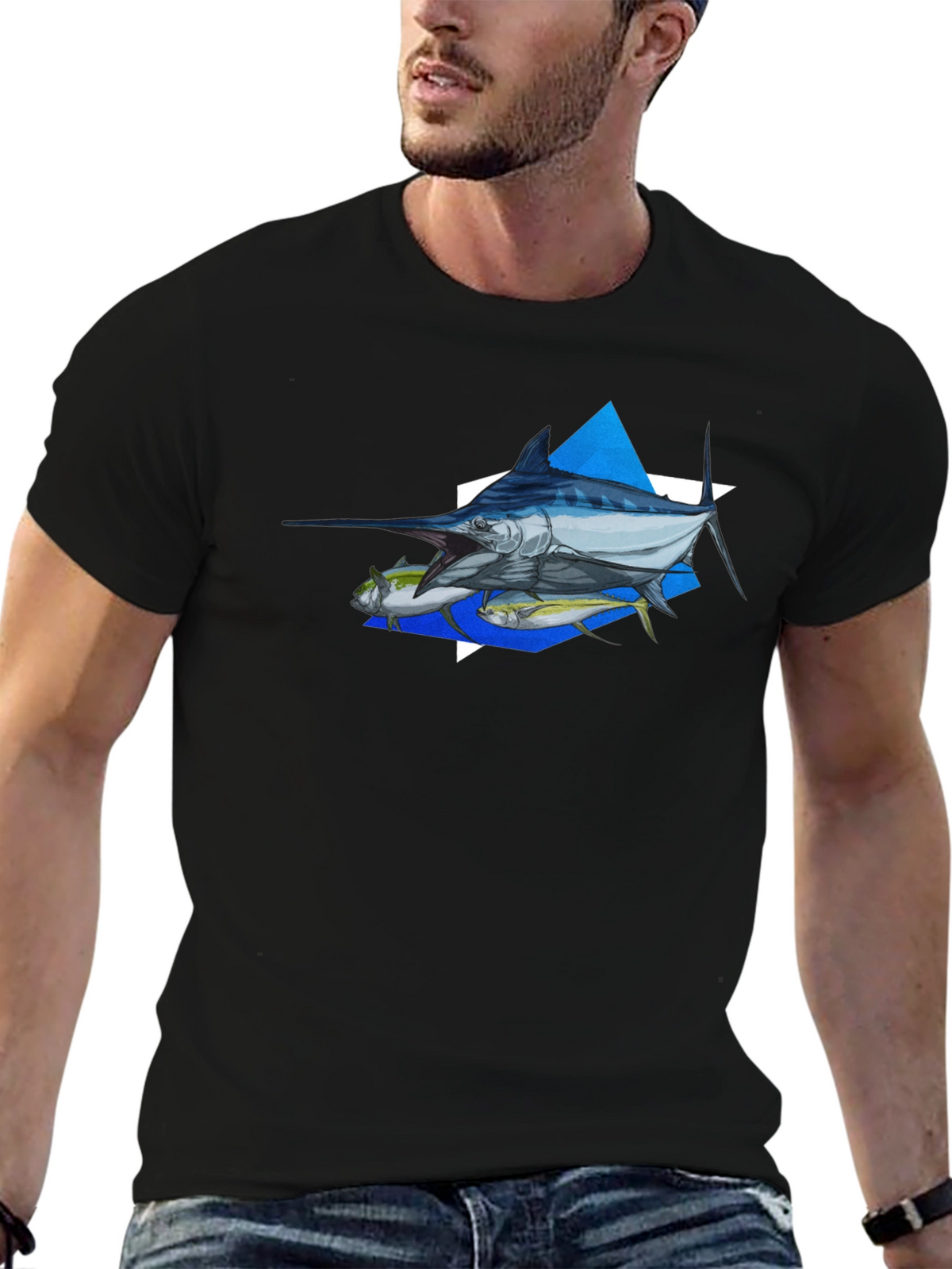 Marlin Fishing Graphic Tee - Black Cotton T-Shirt