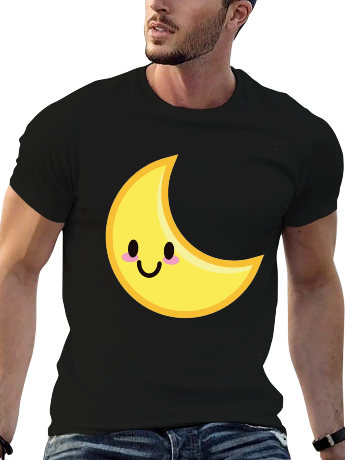 Cute Crescent Moon Graphic Tee - Black Cotton T-Shirt