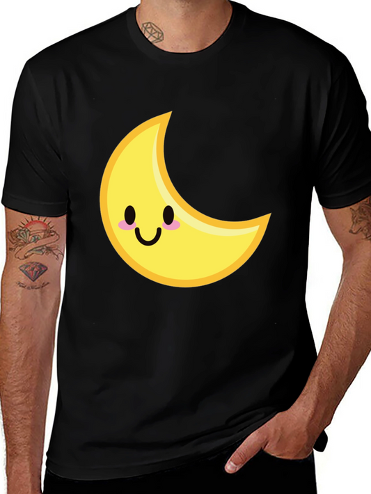 Cute Crescent Moon Graphic Tee - Black Cotton T-Shirt
