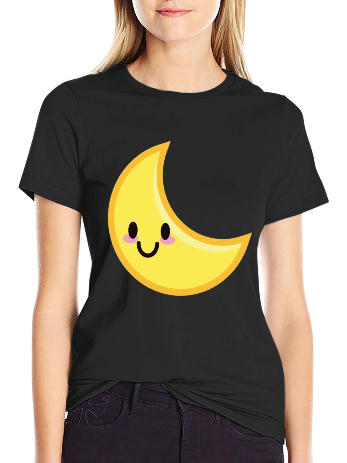 Cute Crescent Moon Graphic Tee - Black Cotton T-Shirt