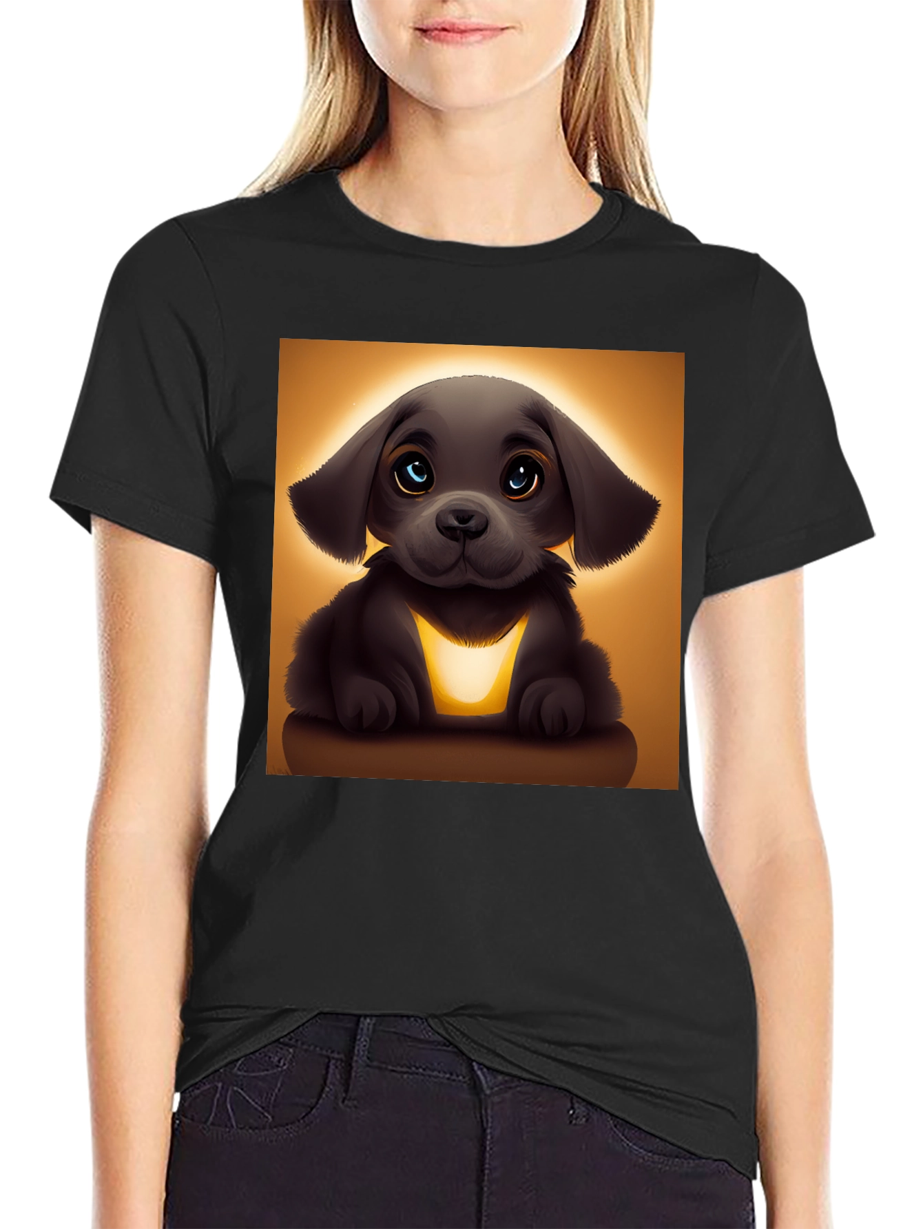 Cute Cartoon Puppy T-Shirt - Black
