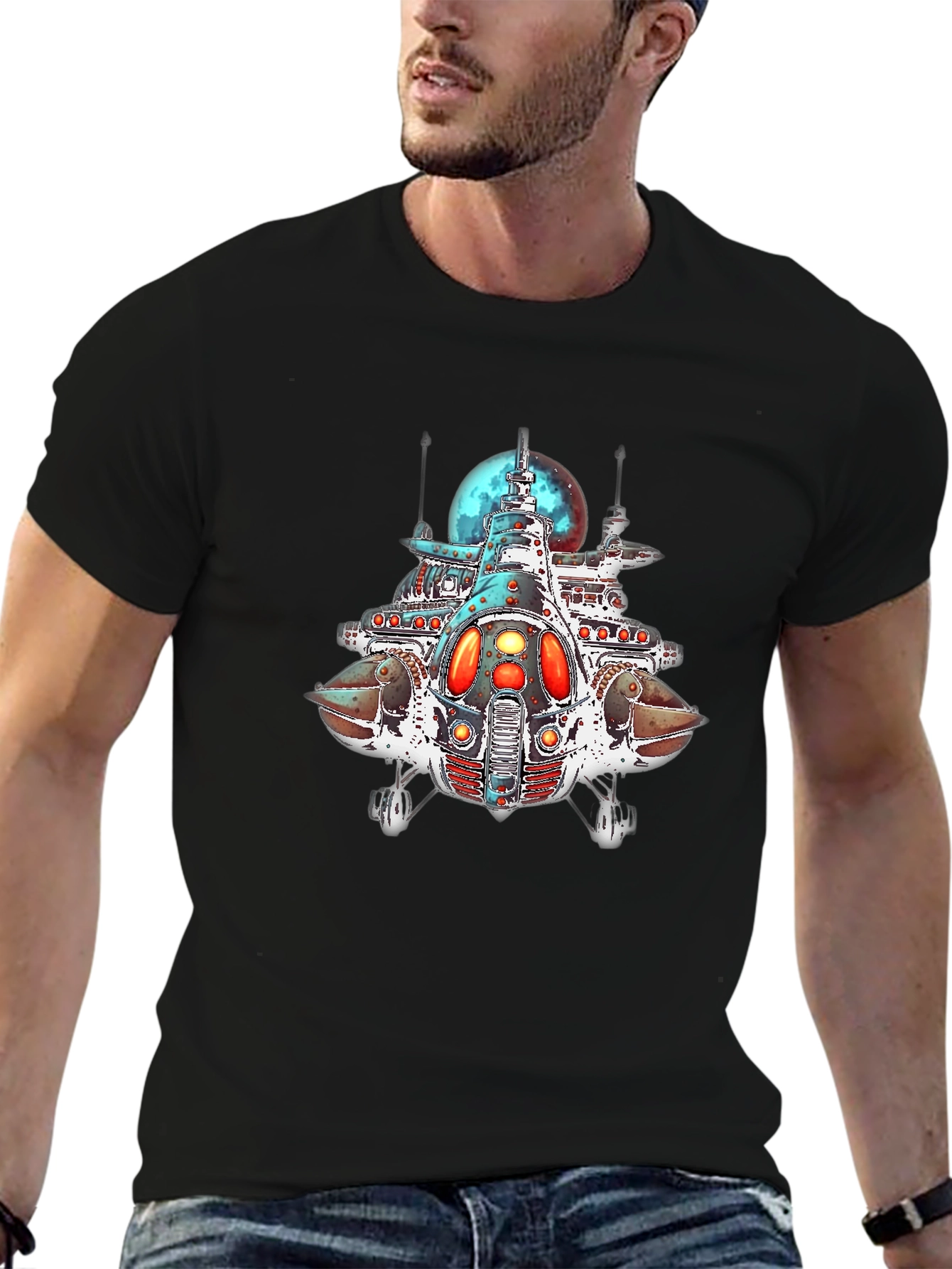 Sci-Fi Spaceship Graphic Black T-Shirt