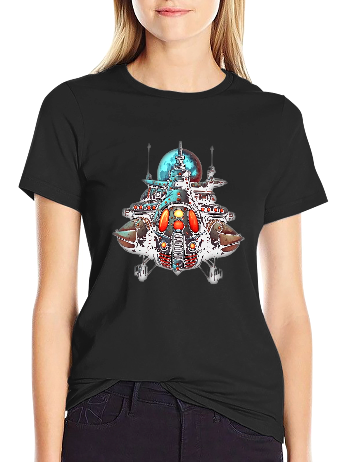 Sci-Fi Spaceship Graphic Black T-Shirt