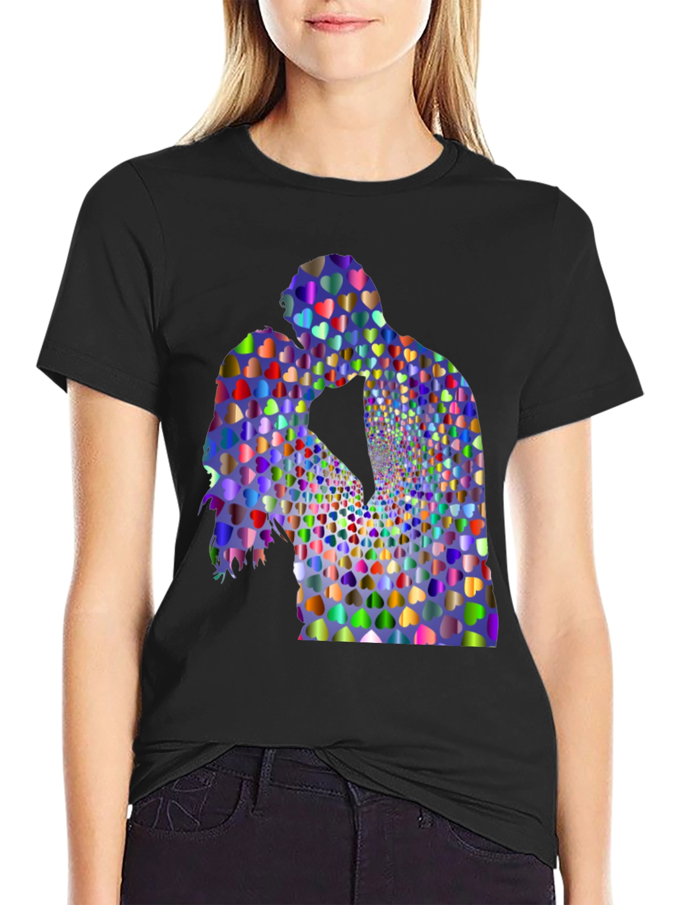 Heart Kissing Couple Graphic Black Tee