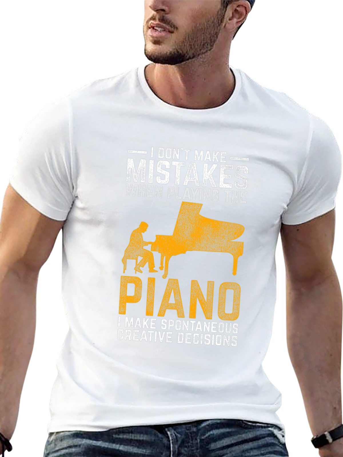Funny Piano Player T-Shirt: No Mistakes Creative Decisions!