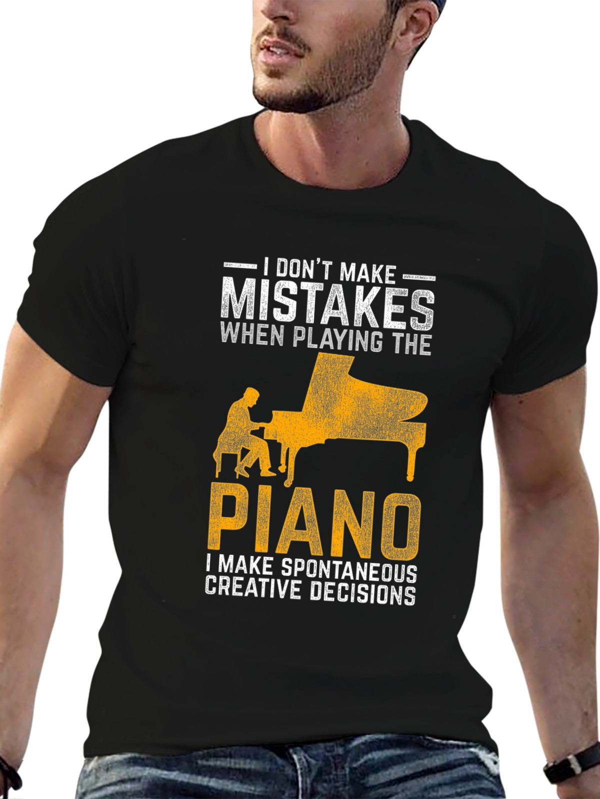 Funny Piano Player T-Shirt: No Mistakes Creative Decisions!