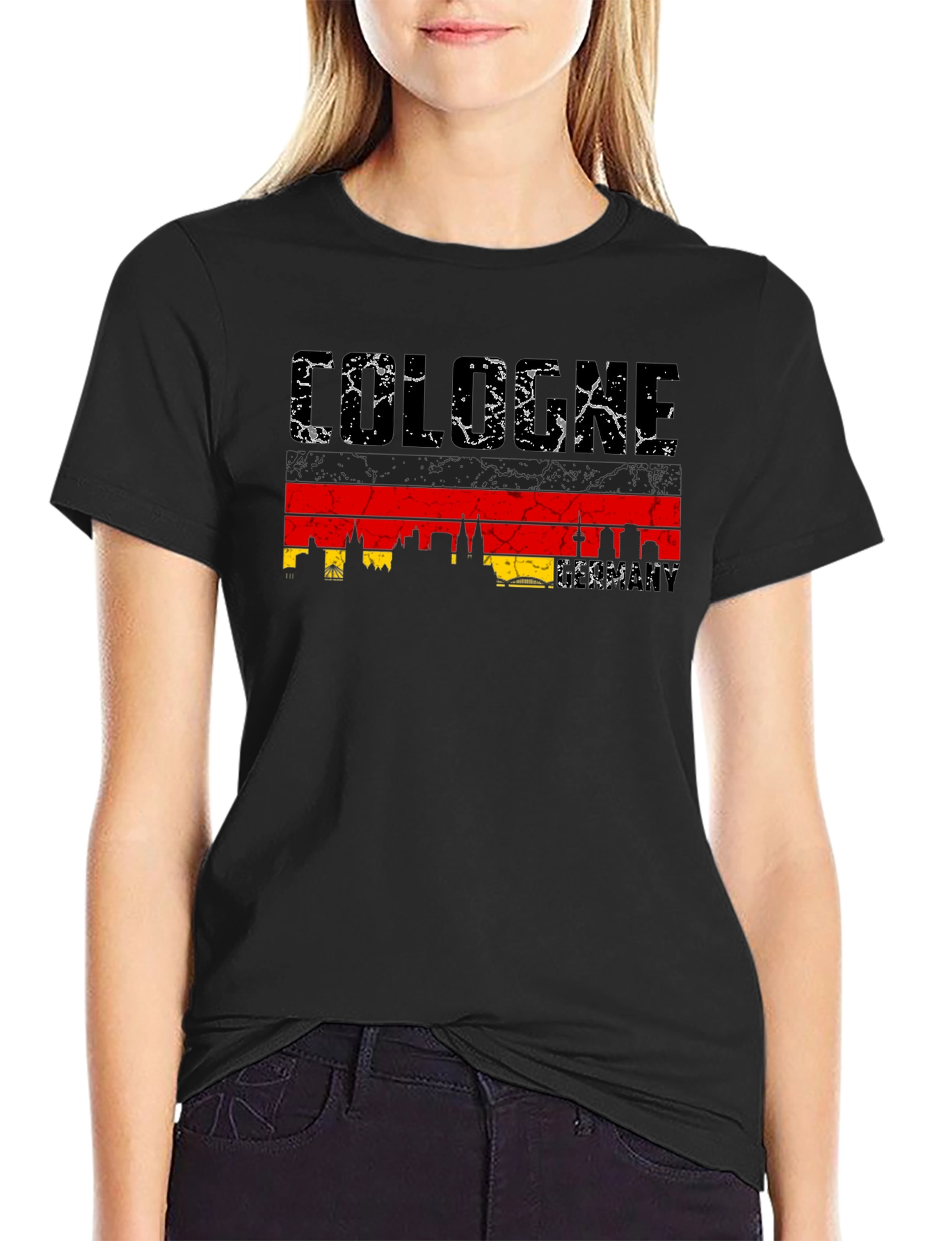 Cologne Skyline T-Shirt - Black Distressed Graphic Tee